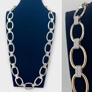 OPC gold/silver two tone chain link necklace w/ crystal accents fashion jewelry